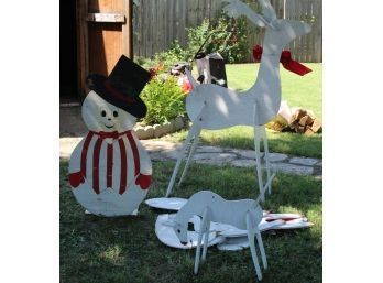 Wood Cutout Snowman And Reindeer