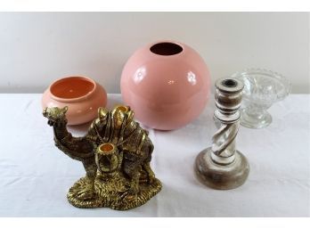 Camel Candle Stand, Two Pink Vases, Glass Vase