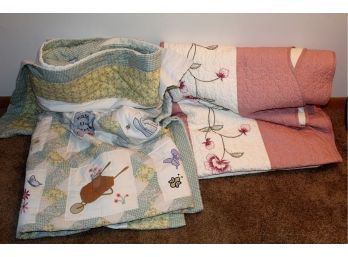 Two Quilts, Pink Floral 100 X 97, Green 88 X 98