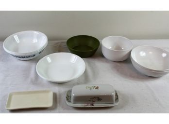 3 Corelle Bowls, Two Shallow Bowls, Miscellaneous Bowls, Butter Dish