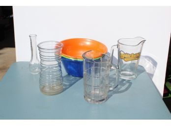 Two Pitchers, Two Vases, 4 Colored Bowls