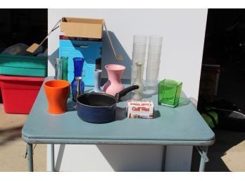 Assortment Of Vases, 10 Plastic Cups, Saucepan, Box Of Gulf Wax