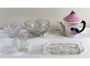 Decorative Teapot, Three Candy Dishes, Relish Dish