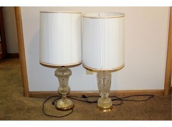 Two White Glass Base Lamps - 32 In Tall