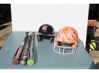 3 Baseball Bats, Orange Schnitt Batting Helmet, Black Batting Helmet 6 - 6.5