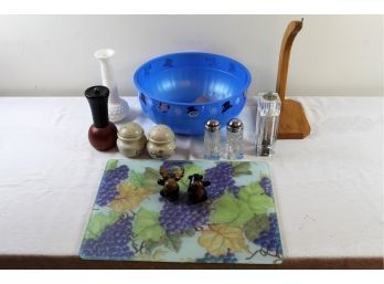 Glass Cutting Board, Large Blue Plastic Bowl, Salt And Pepper Shakers