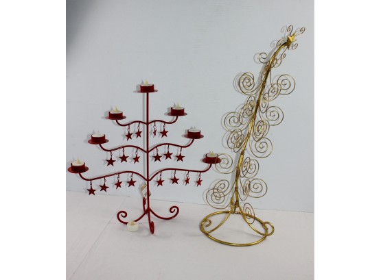 Two Christmas Metal Items - Gold Holds Cards, Red Holds Candles