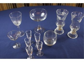 Miscellaneous Wine Glasses And 2 Embossed Glass Candle Holders