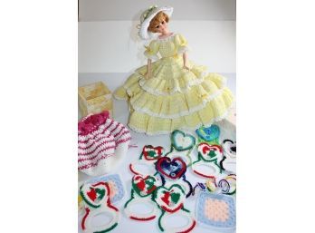 Doll 19 In Tall - Plastic On Doll Is Broken, Kleenex Boxes, Towel Holders, Drawstring Bag Etc