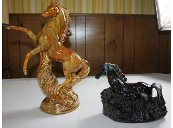 2 Ceramic Horses - Black Is Mid-century Filly That Was A TV Lamp, Gold Blend Has Been Reglued