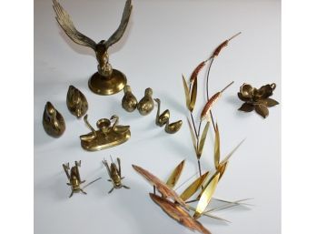 Brass Bird Lot With Two Grasshoppers, Cat Tail