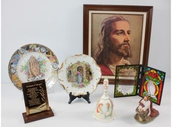 Faith Lot - 14 X 17.5 Jesus Framed Print, Lefton Bell With Music Box - 2 Plates