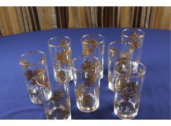 8 Vintage Glasses With Embossed Gold Leaves