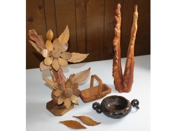 Miscellaneous Wood Lot - Decorative Items, Scroll Collapsible Basket, Flower Needs Repair
