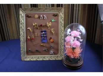 Flowers In Glass Box - Music Box Doesn't Work Well, Vintage Pins