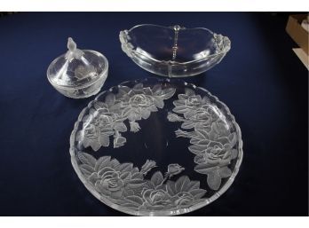 Glass Lot - Large Serving Tray And Lidded Candy Dish With Rose Pattern, Large Boat Shaped Fruit Bowl