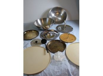 Two Large Stainless Bowls, Five Serving Trays - See Description