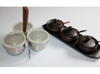 Vintage Condiment Sets With Caddy Or Tray - Stainless And Possibly Teak