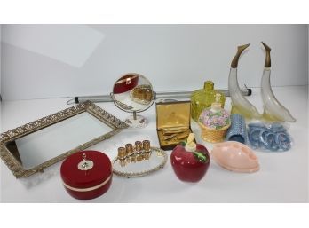Bath Lot - Avon Powder, Two Vintage Vanity Trays - 1 With Lipstick Holder, Vintage Manicure Set Etc