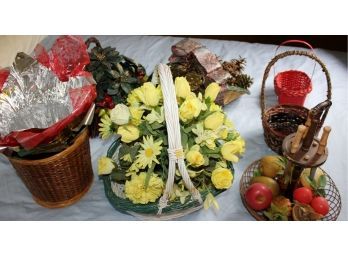 Baskets With Flowers And Pinecones, Vintage Basket With Three Knives And Old Plastic Fruit