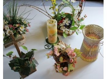 Silk Arrangements, Mostly Spring, Cross Planter, Basket