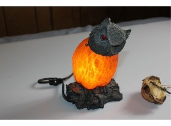 Vintage Amber Glass And Resin Owl Lamp And Small Owl