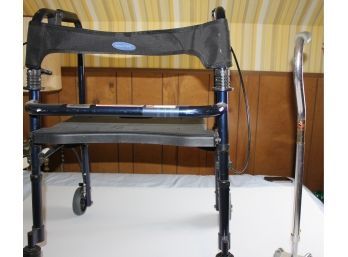 Invacare Walker With Seat On Wheels With Hand Brakes And Cane