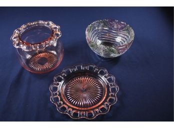 Pink Depression Glass Open Lace Bowl And Plate, Cranberry And Pale Green Glass Bowl