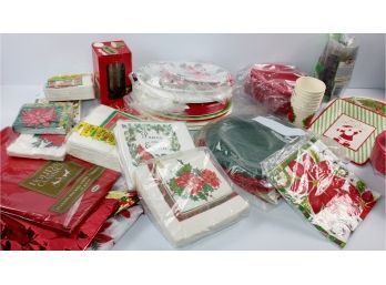 Christmas Paper Lot - Vinyl Tablecloth, Napkins, Plates Etc