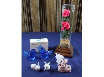 Rose And Critter Lot - Rose Is In Glass Music Box, Stone Elephant, Rabbits, Leeward Bluebirds