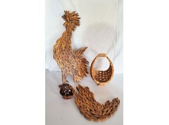 4 Wood Sculpted Pieces - Rooster 25 In Tall - Basket 12in