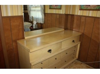 Vintage 6 Drawer Blonde Dresser With Mirror - Drawers Slide Nicely - 56 X 19 X 32 Tall, Mirror 44 X 31