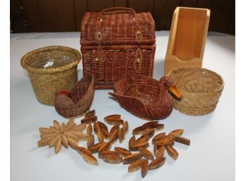 Wicker & Wood Lot - Wooden Book Holder, Duck, Chicken, Basket With Latches Etc