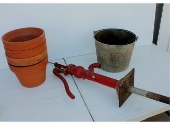 Hand Water Pump - Vintage Galvanized Bucket, Clay Pots