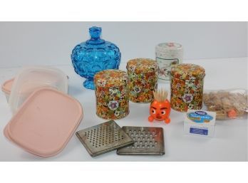 2 Tupperware Containers 3.5 Cups , Blue Covered Dish With Chips Around Edge, Tins, Corkscrews