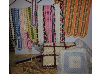 Crocheted Lot - 2 Pillows, Two Afghans, Lots Of Scarves