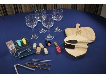 Two Cutting Boards With Utensils, 4 Wine Glasses, Corkscrews And Stoppers
