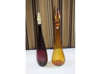 Two Tall Glass Decanters With Cork Lids - 1 From Italy