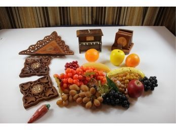 Plastic Fruit, Two Wooden Coaster Sets, Wood Trivets, Wood Tray