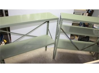 2 Green Metal Shelves - One With Two Shelves, One With Three Shelves, 12 D X 35.5 W X 36 In Tall