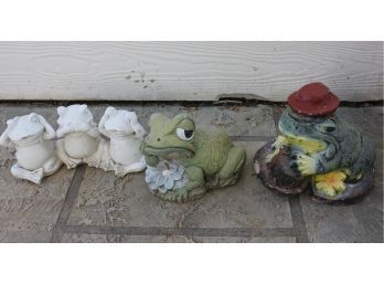 Three Frog Yard Ornaments, 2 Concrete Green 8 In And 7 In Tall - 1 Key Hider