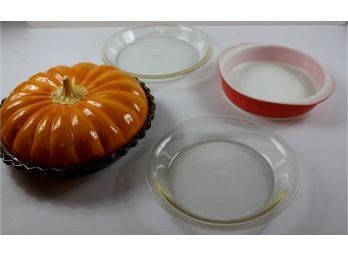 Homemade Ceramic Pumpkin Pie Plate - Has Chip, Three Pyrex Pie Plates