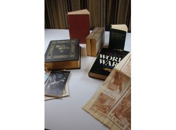 Book Lot 2 - Large Tabletop Bible, World War II, Two Piece Set Of Comprehensive Desk Dictionary, Etc