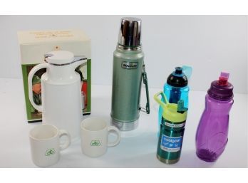 Aladdin Stanley Thermos, New Pioneer Small Carafe And Two Cups, Three Water Bottles