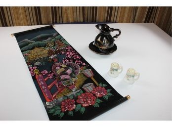 Nippog Salt And Pepper Shakers, Japanese Painting On Black Velvet 11.5 X 33, Small Pitcher With Bowl