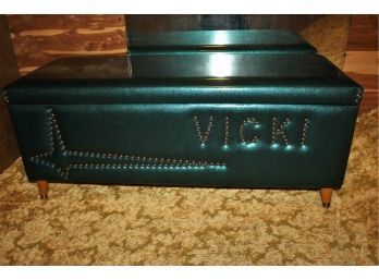 Green Vinyl Cover Chest With Name Vicki On It - 44 Inch Long With Wood Legs