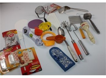 Kitchen Utensil Lot 2 - Angel Food Cake Cutter, Potato Masher, Tenderizers, Command Hooks, Can Opener
