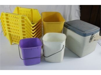 Parts Bins, Trash Can, Small Buckets And Coleman Cooler