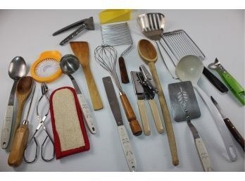 Kitchen Utensil Lot 3 - Garlic Press, Spoons, Cheese Slicer, Ice Pick