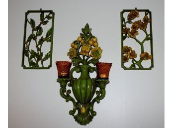 Vintage Avocado Green Plastic Wall Decor With Candle Holders